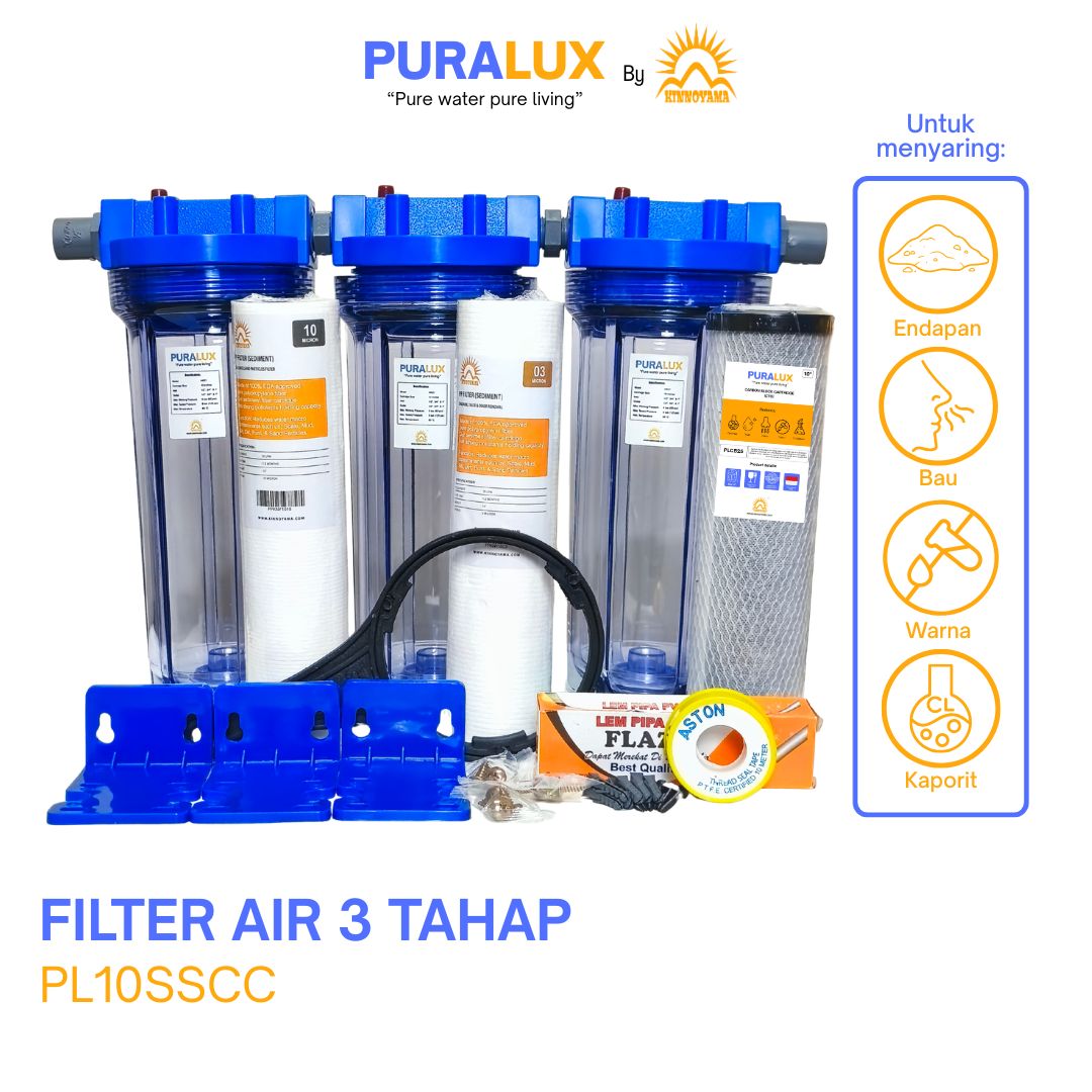 Paket Housing Filter Air 3 Tahap 10 Inci / Penjernih Air Sumur Bor / Water Filter Toren Air SSC (Sediment 2x - CTO) by KINNOYAMA - foto 2