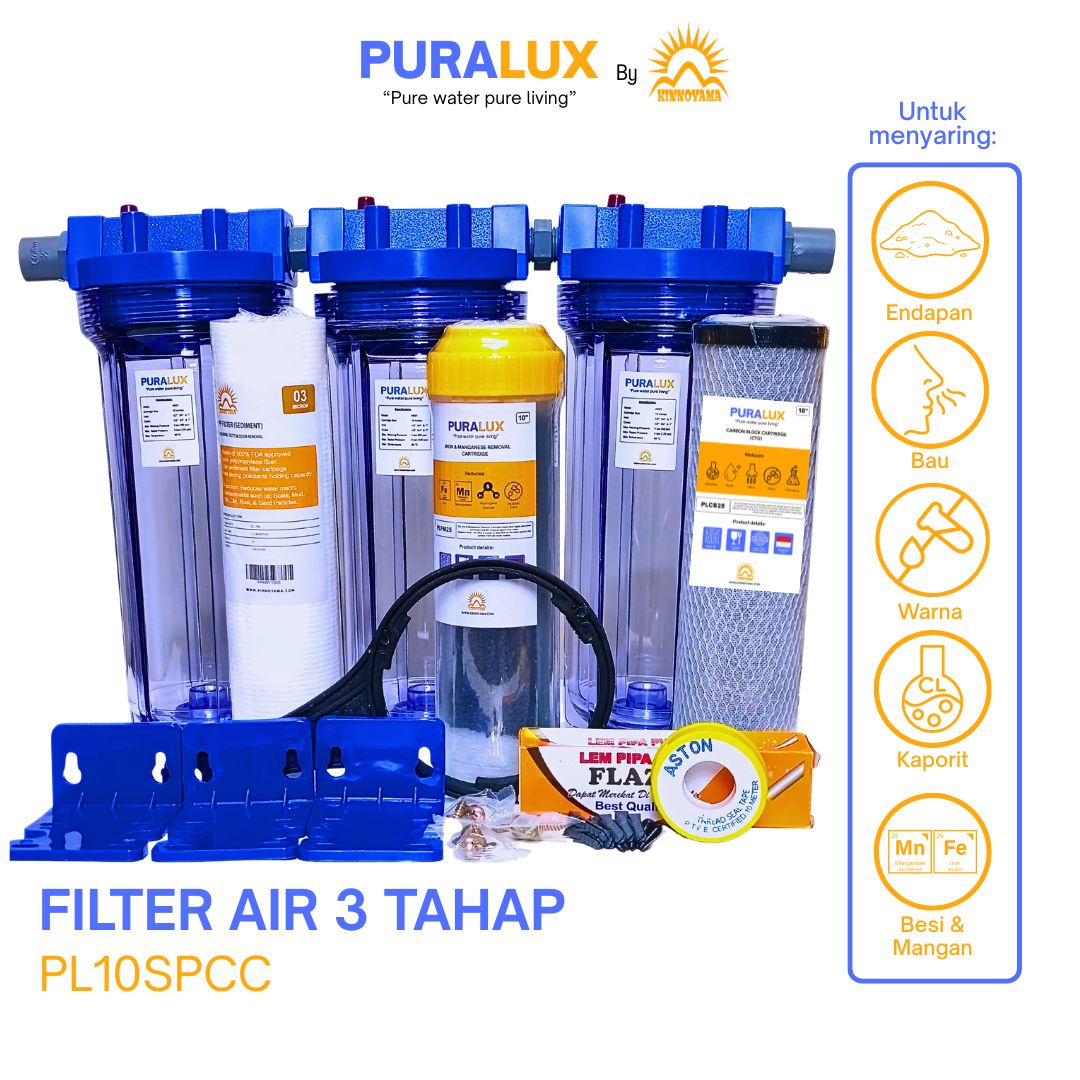 Paket Housing Filter Air Toren 10" PURALUX BY KINNOYAMA 1 Set Lengkap Siap Pakai / Penjernih Air Sumur Bor (Sedimen - Ferolite -  CTO) Untuk Air Kuning Berbesi, Keruh, Berbau - foto 2