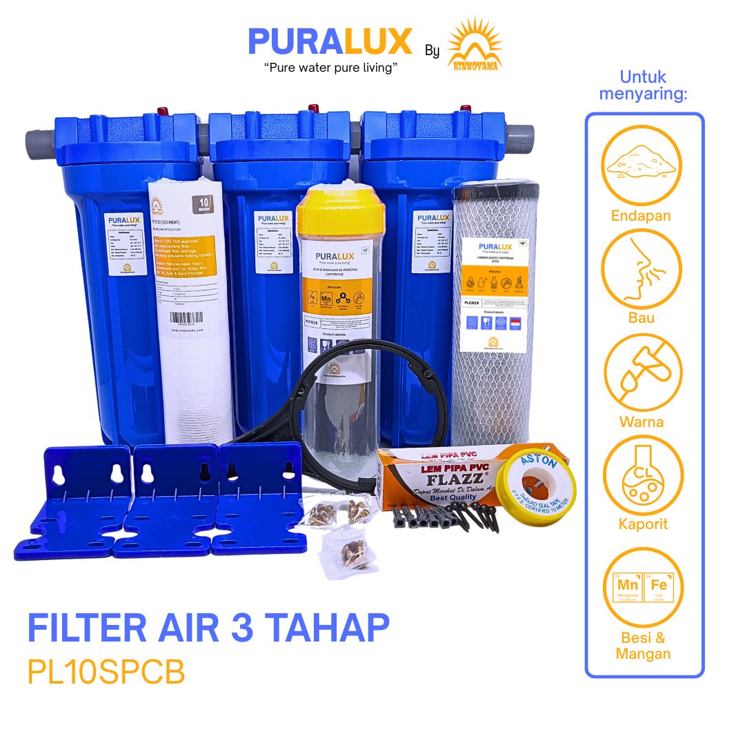 Paket Housing Filter Air Toren 10" PURALUX BY KINNOYAMA 1 Set Lengkap Siap Pakai / Penjernih Air Sumur Bor (Sedimen - Ferolite -  CTO) Untuk Air Kuning Berbesi, Keruh, Berbau - foto 3