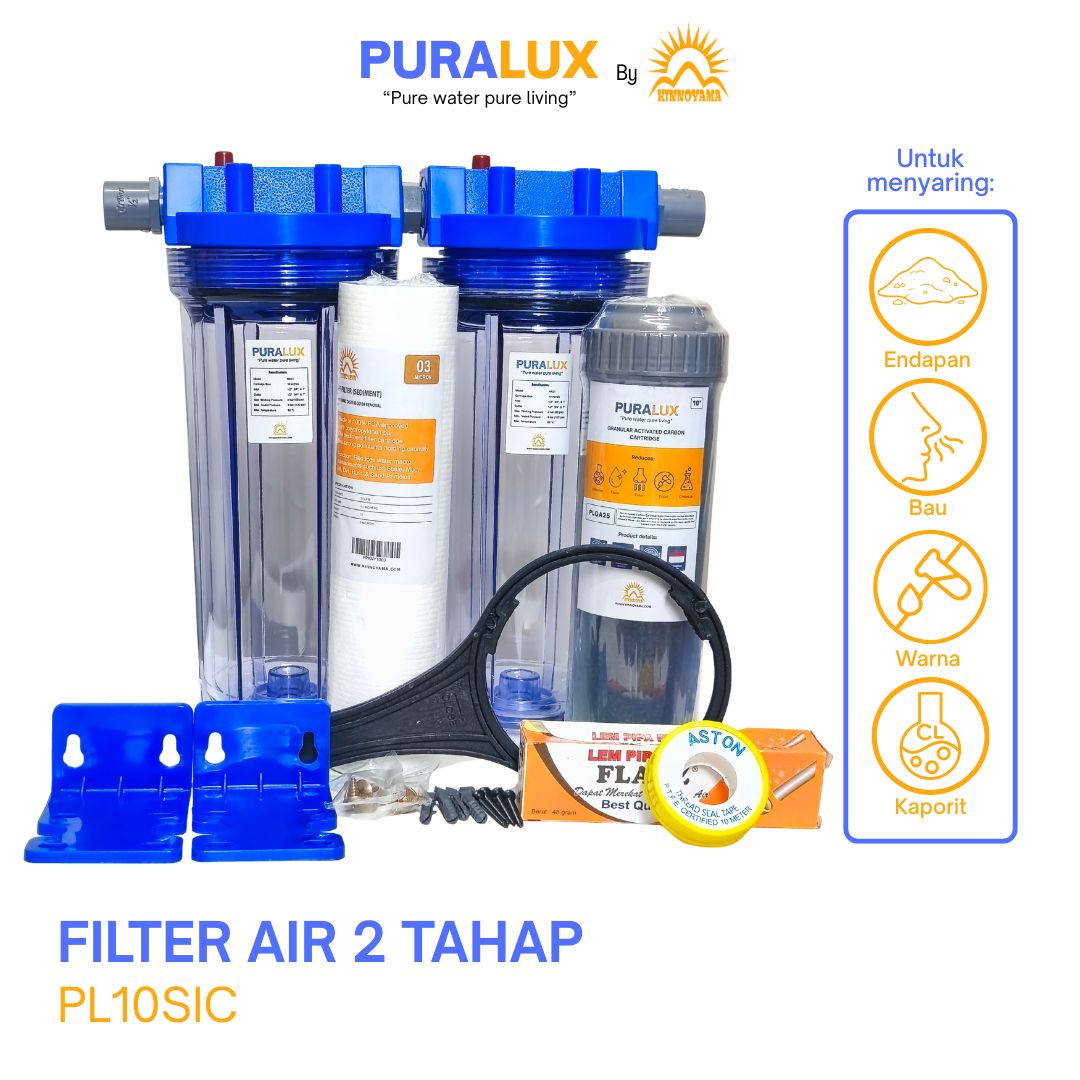 Paket Housing Filter Air Toren 10" 2 Tahap PURALUX lengkap Siap Pakai / Water Filter Sumur Bor 10 Inch 2 Tahap (Sedimen - GAC) Untuk Air Keruh, Berbau BY KINNOYAMA - foto 2