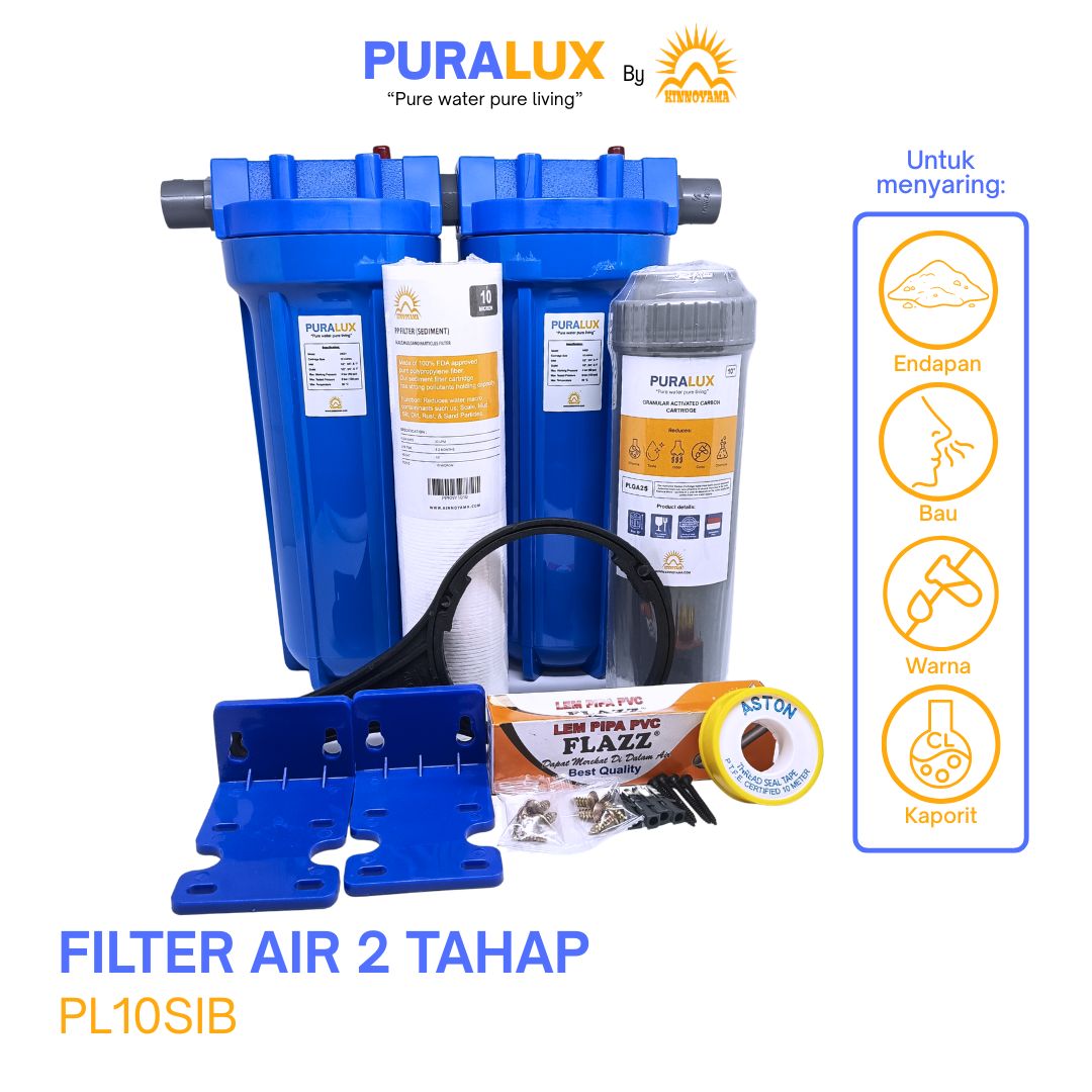 Paket Housing Filter Air Toren 10" 2 Tahap PURALUX lengkap Siap Pakai / Water Filter Sumur Bor 10 Inch 2 Tahap (Sedimen - GAC) Untuk Air Keruh, Berbau BY KINNOYAMA - foto 3